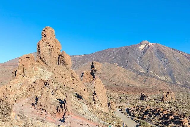 The Teide volcano rising behind the rock formations of Roques de Garcia on a clear day